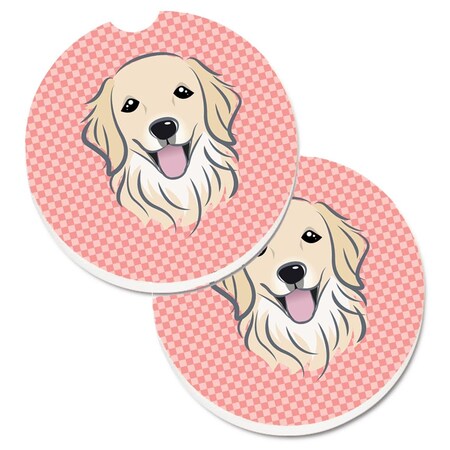 Carolines Treasures Checkerboard Pink Golden Retriever Set of 2 Cup Holder Car Coaster BB1205CARC